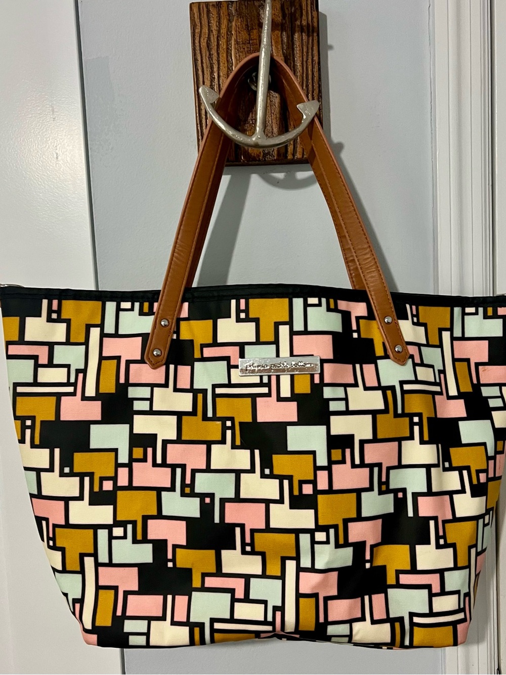 Petunia Pickle Bottom - Multicolor Geometric Tote with Brown Handles